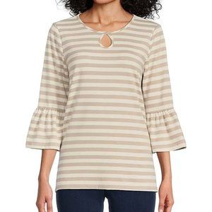 Allison Daley Petite Size Striped Print 3/4 Bell Sleeve Keyhole Neck Top NWT